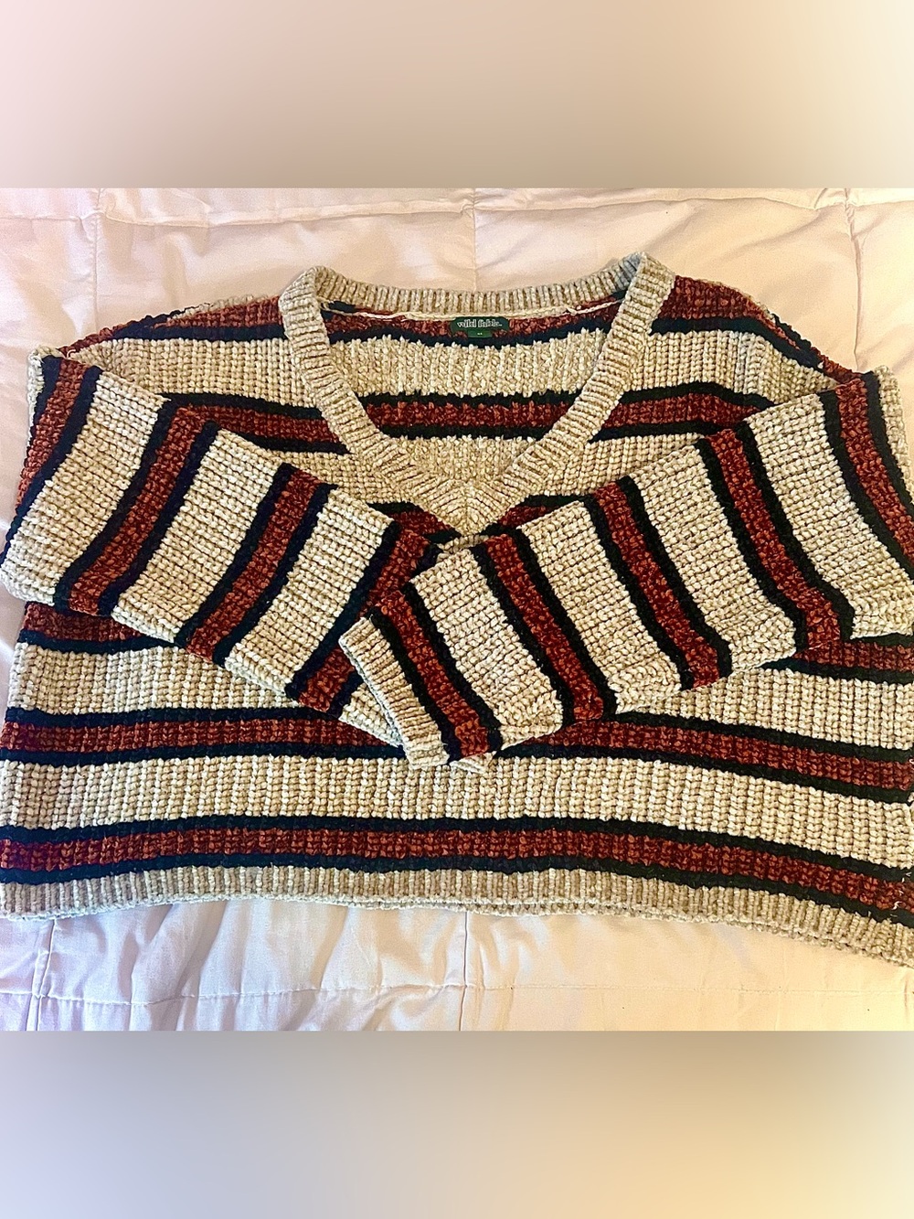 wild fable Cream V-Neck Sweater with Rust and Black Stripes